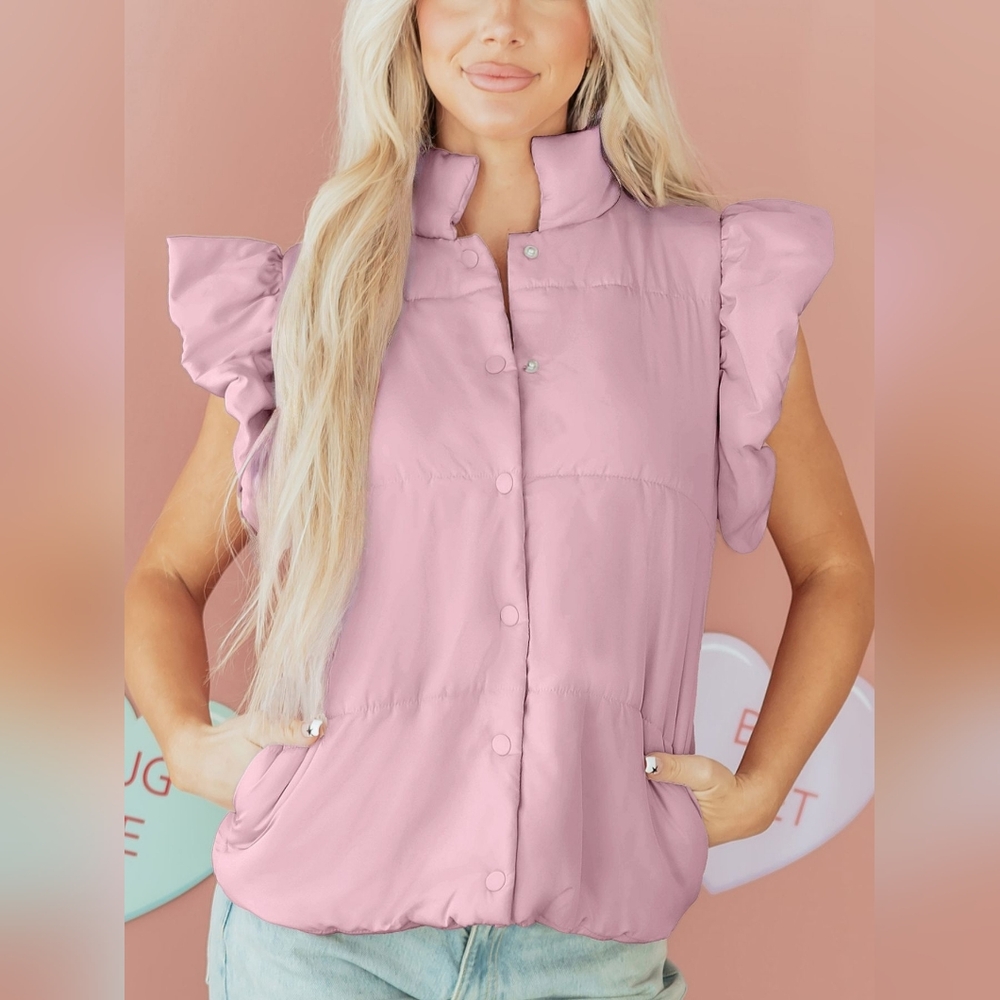 Dusty Pink Flutter Sleeve Snap Puffer Vest